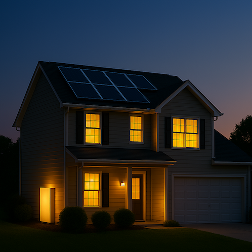 House with lights on at night