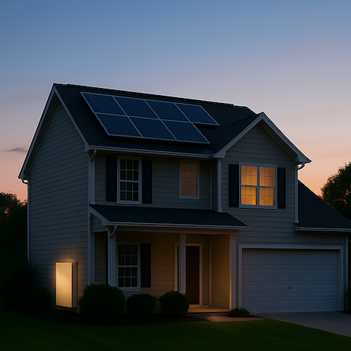 House with lights on at night